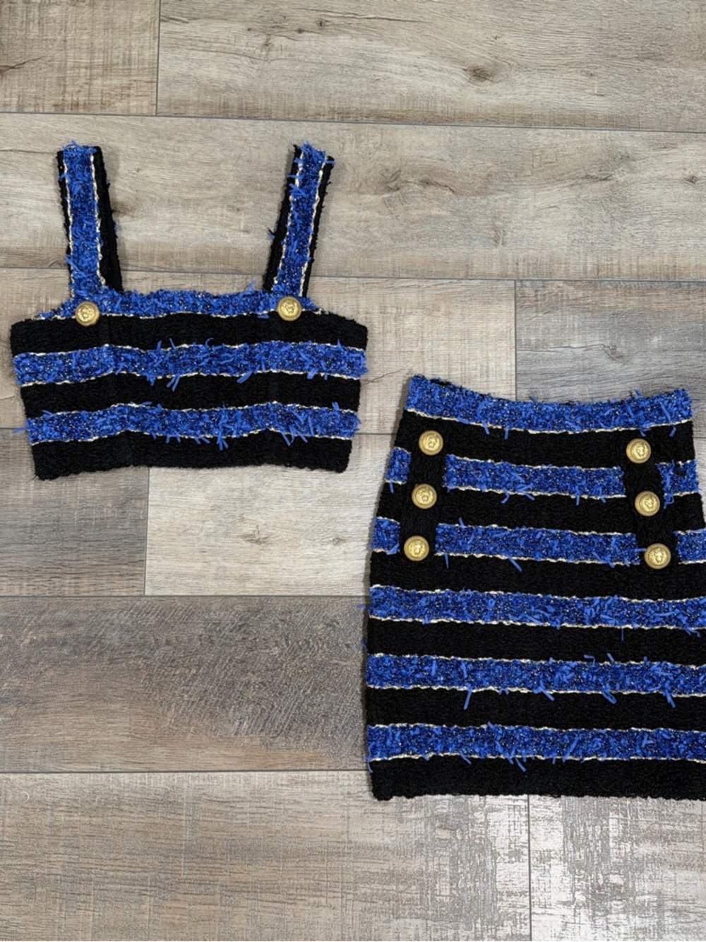 Balmain striped tweed crop top and skirt set in blue/black - Picture 5 of 12